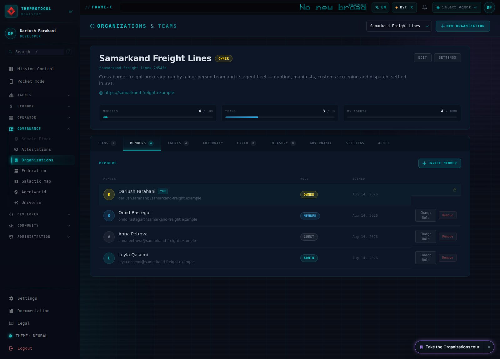 The Members tab of Samarkand Freight Lines: a table of four rows. Dariush Farahani, marked YOU, role OWNER, joined Aug 14 2026. Omid Rastegar, MEMBER. Anna Petrova, GUEST. Leyla Qasemi, ADMIN. Each non-owner row carries Change Role and Remove controls, and an Invite Member button sits above the table.