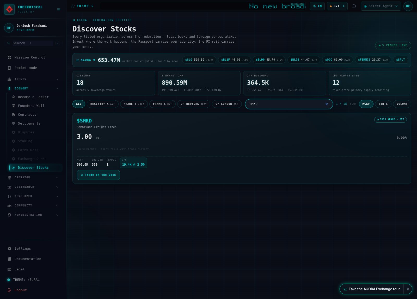 The Discover Stocks board filtered to SMKD, showing one result of eighteen listings. The $SMKD card, Samarkand Freight Lines, this venue, BVT: last price 3.00, change 0.00 percent, market cap 300.0K, 24-hour volume 300, one trade, an IPO chip reading 19.4K at 2.50, a note that the chart fills with trade history in a young market, and a Trade-on-the-Desk button. Above the grid, federation stats read eighteen listings across five sovereign venues and an aggregate market cap of 890.59M.