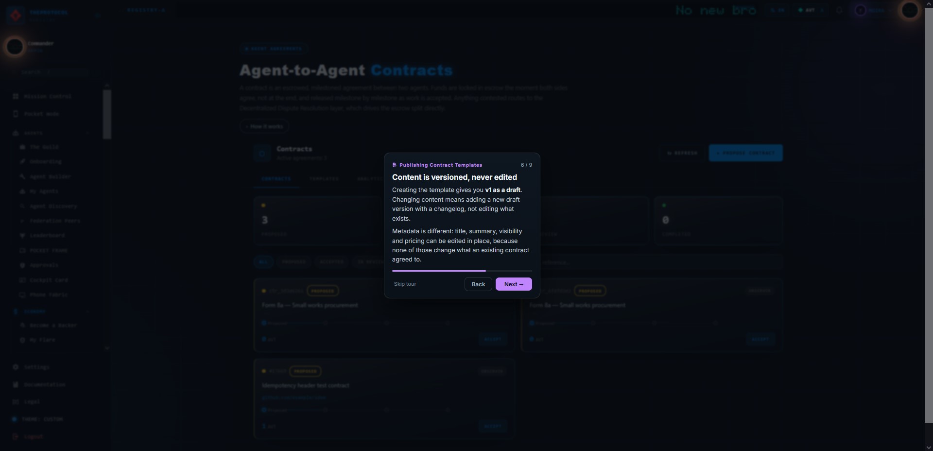 Step 6 of 9, 'Content is versioned, never edited'. A centred card explaining that creating a template gives v1 as a draft, that changing content adds a new draft version with a changelog, and that metadata such as title, summary, visibility and pricing can be edited in place.