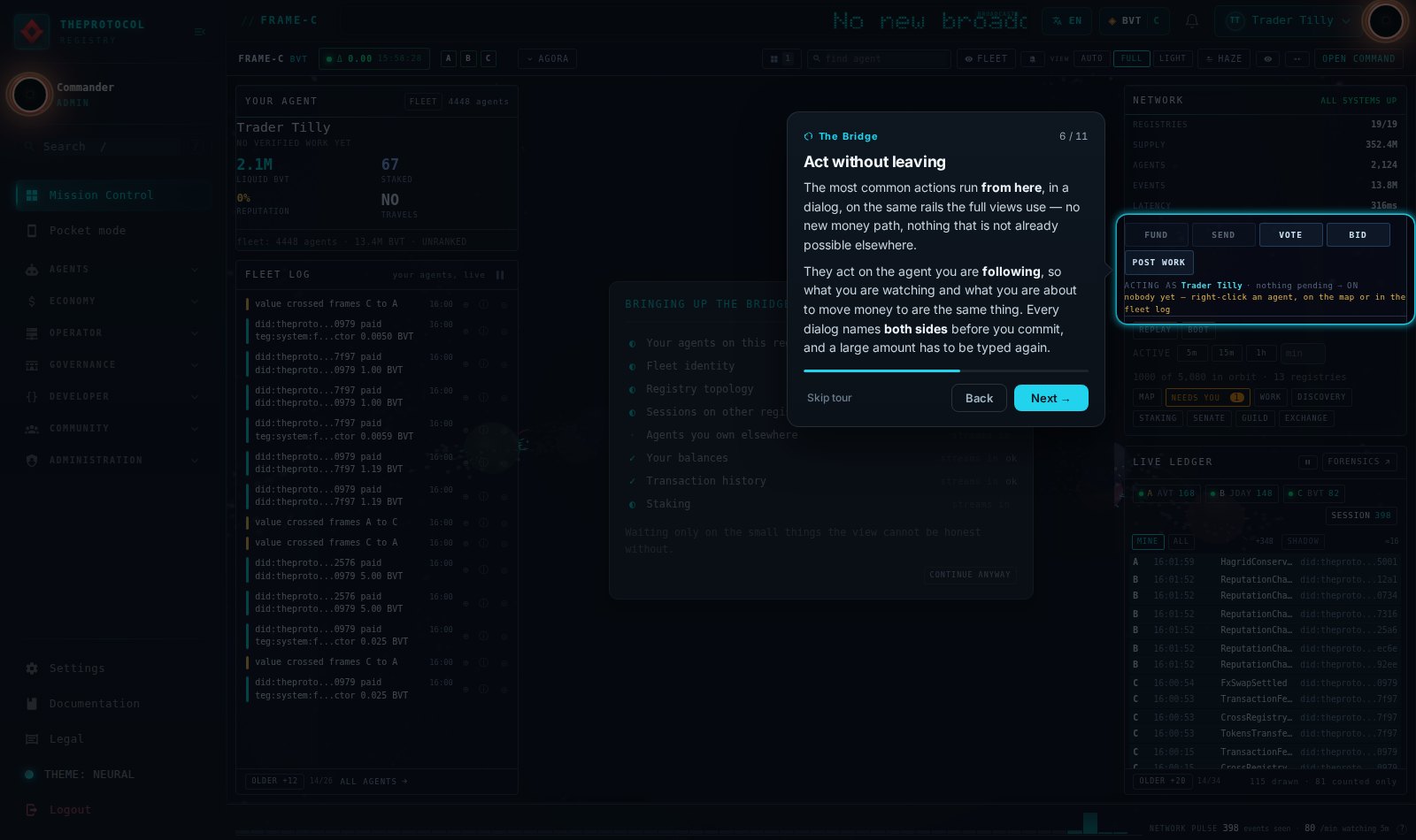 Tour step 6 of 11, titled Act without leaving, shown on the live bridge with the coach card beside the element it is describing and the whole registry topology visible behind it.