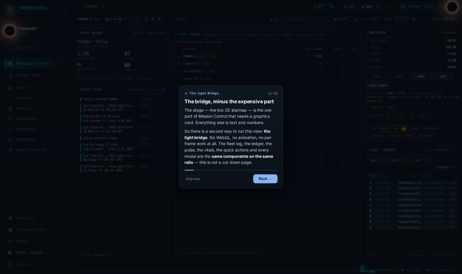 Tour step 1 of 10, titled The bridge, minus the expensive part, shown on the live bridge with the coach card beside the element it is describing and the whole registry topology visible behind it.