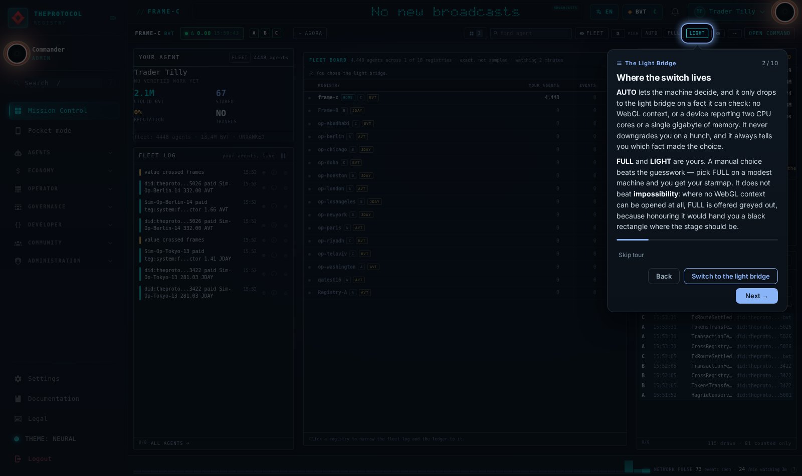 Tour step 2 of 10, titled Where the switch lives, shown on the live bridge with the coach card beside the element it is describing and the whole registry topology visible behind it.