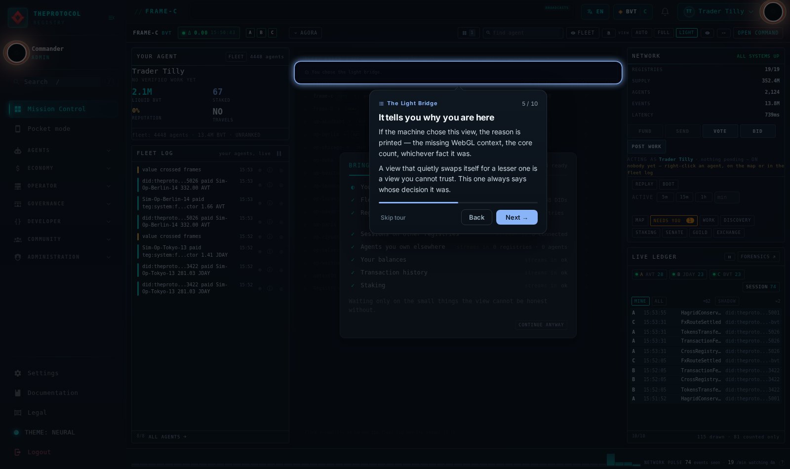 Tour step 5 of 10, titled It tells you why you are here, shown on the live bridge with the coach card beside the element it is describing and the whole registry topology visible behind it.