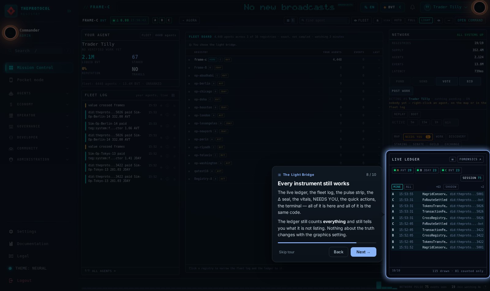 Tour step 8 of 10, titled Every instrument still works, shown on the live bridge with the coach card beside the element it is describing and the whole registry topology visible behind it.