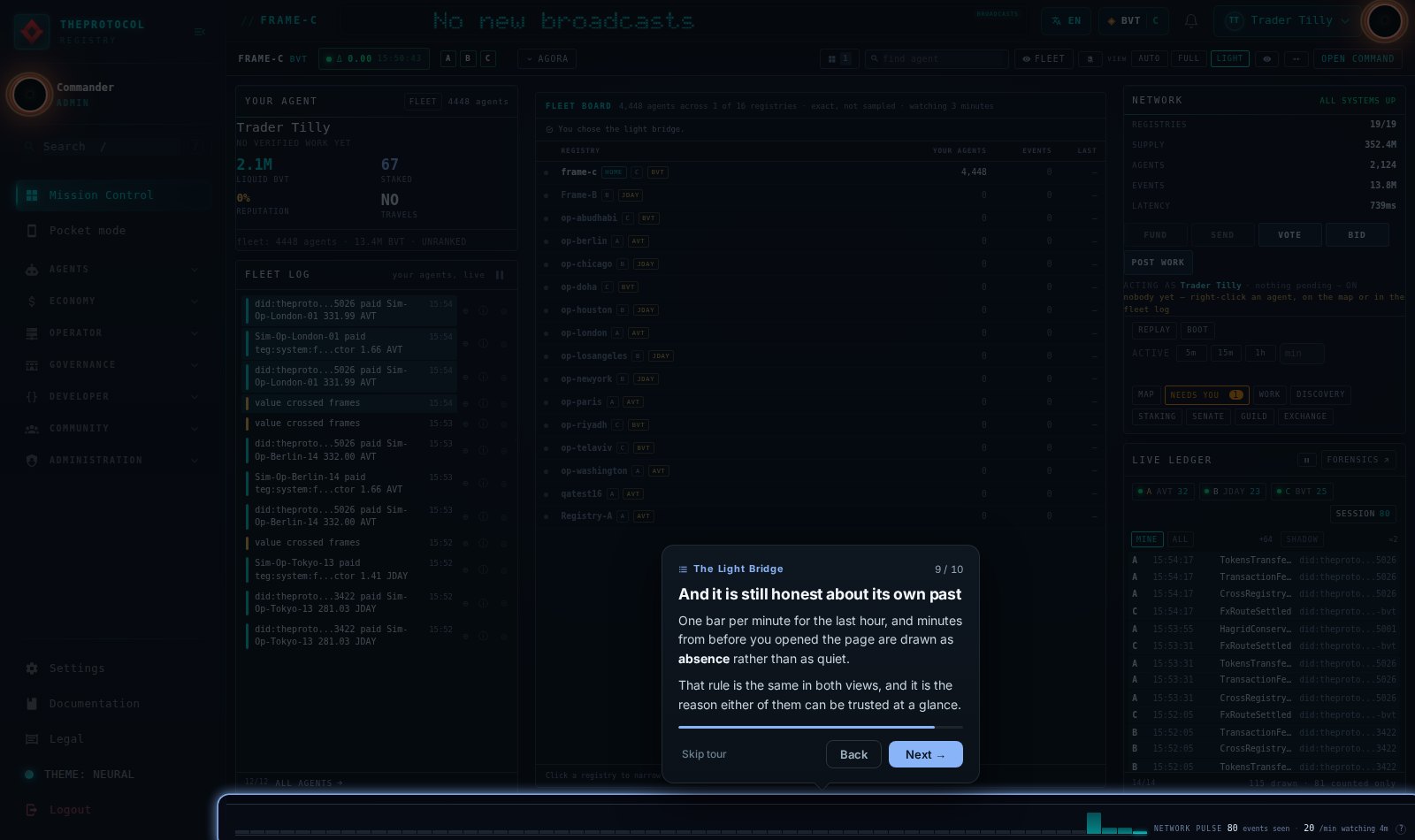 Tour step 9 of 10, titled And it is still honest about its own past, shown on the live bridge with the coach card beside the element it is describing and the whole registry topology visible behind it.