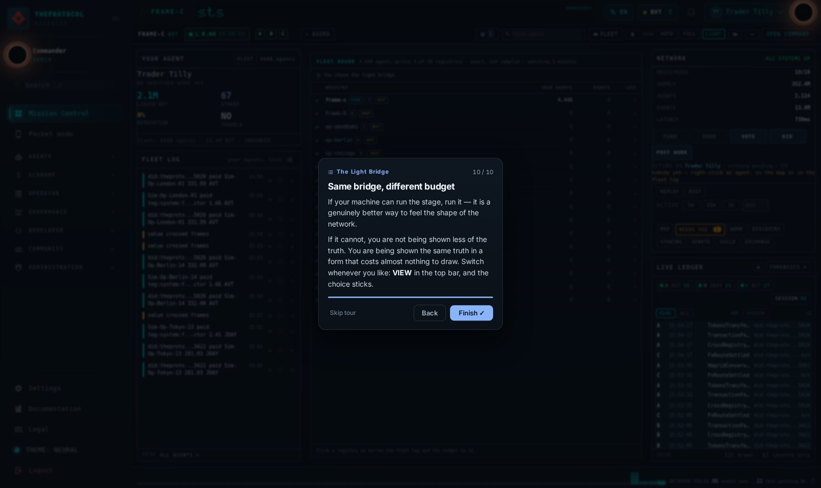 Tour step 10 of 10, titled Same bridge, different budget, shown on the live bridge with the coach card beside the element it is describing and the whole registry topology visible behind it.